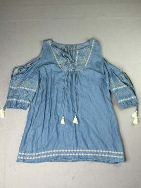 Paparazzi Womens S Blue Tencel Tunic Top Embroidered Cold Shoulder Boho